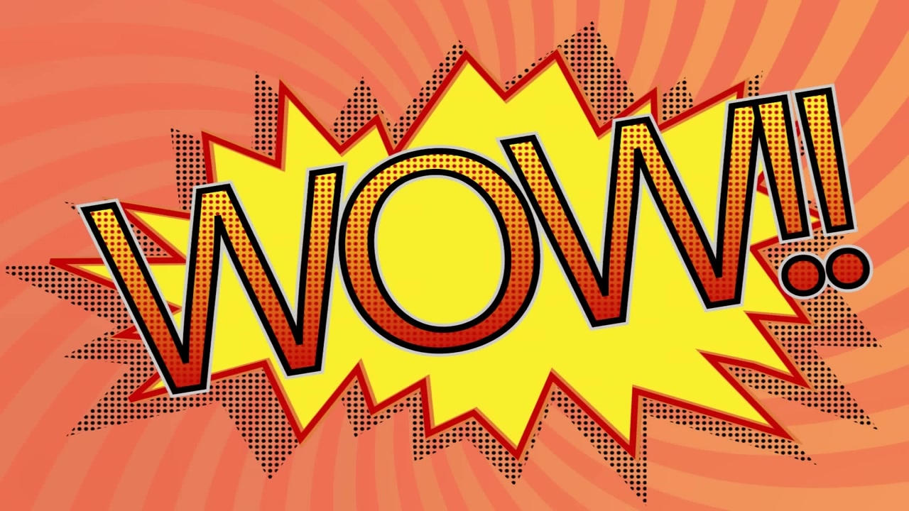 Animasjon av teksten 'Wow' i fargerike bokstaver på rosa bakgrunn