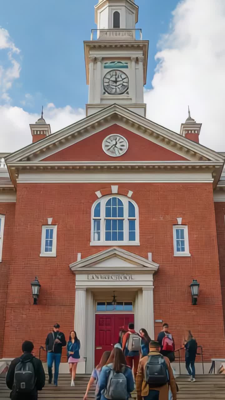 Vertical video: Pushing open red doors, students entering Lawrence Hall upon arrival with bags