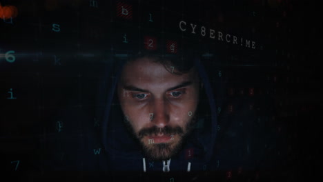 procesamiento de datos de seguridad cibernética contra un hacker masculino que usa una computadora portátil