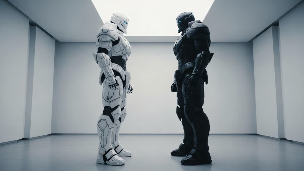 A Dramatic Showdown Between Two Futuristic Armored Figures in a Minimalist Setting Highlighting Tension and Anticipation of an Epic Confrontation