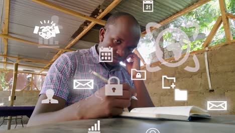 futuristic icons of depressed african male reading during corona