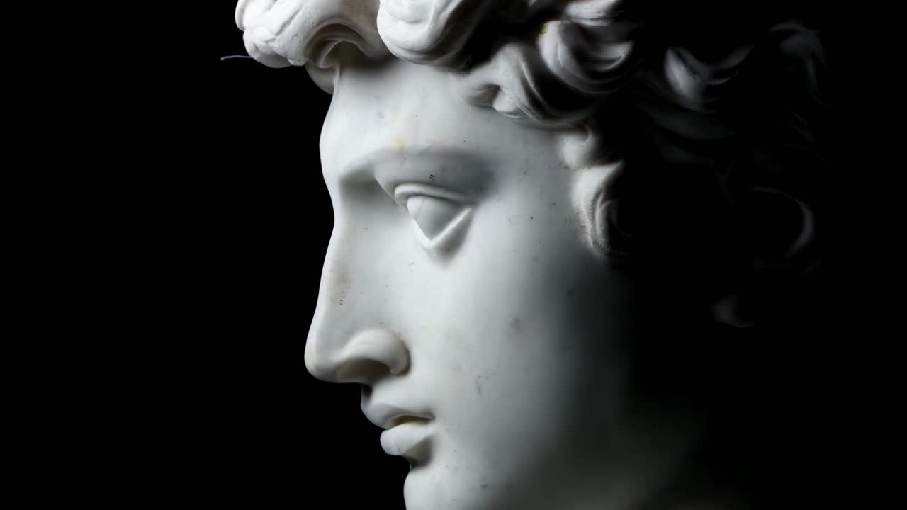 Vista di profilo di una testa di statua in marmo su sfondo nero, perfetta per introduzioni video drammatiche.