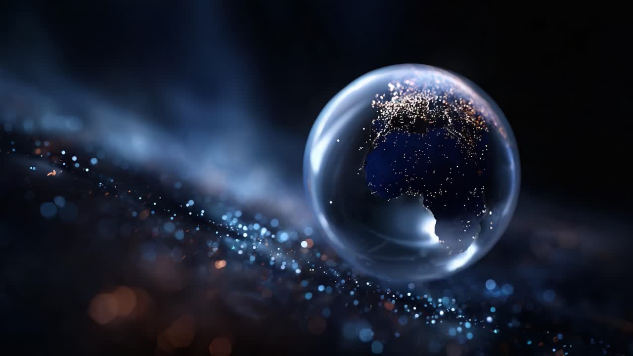 Una visualizzazione mozzafiato della Terra racchiusa in una sfera trasparente circondata da stelle scintillanti ed elementi cosmici in una scena spaziale oscura ed eterea