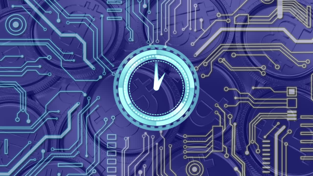 Digital animation links clock, microprocessors, and bitcoins to global economy.