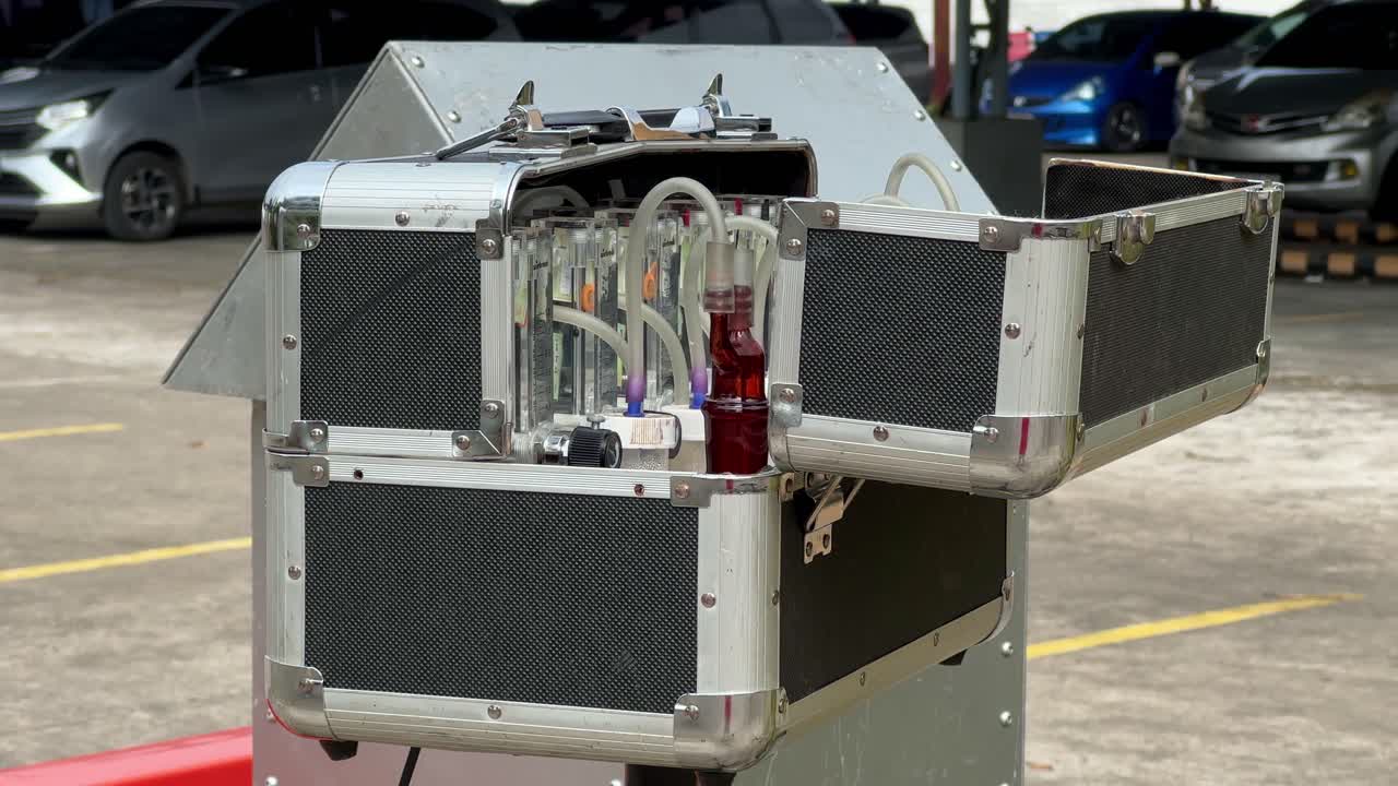 Automated air sampling device deployed in an urban area, featuring laboratory-grade gas detection equipment inside an open protective case. Impinger and HVAS machine for air checking quality