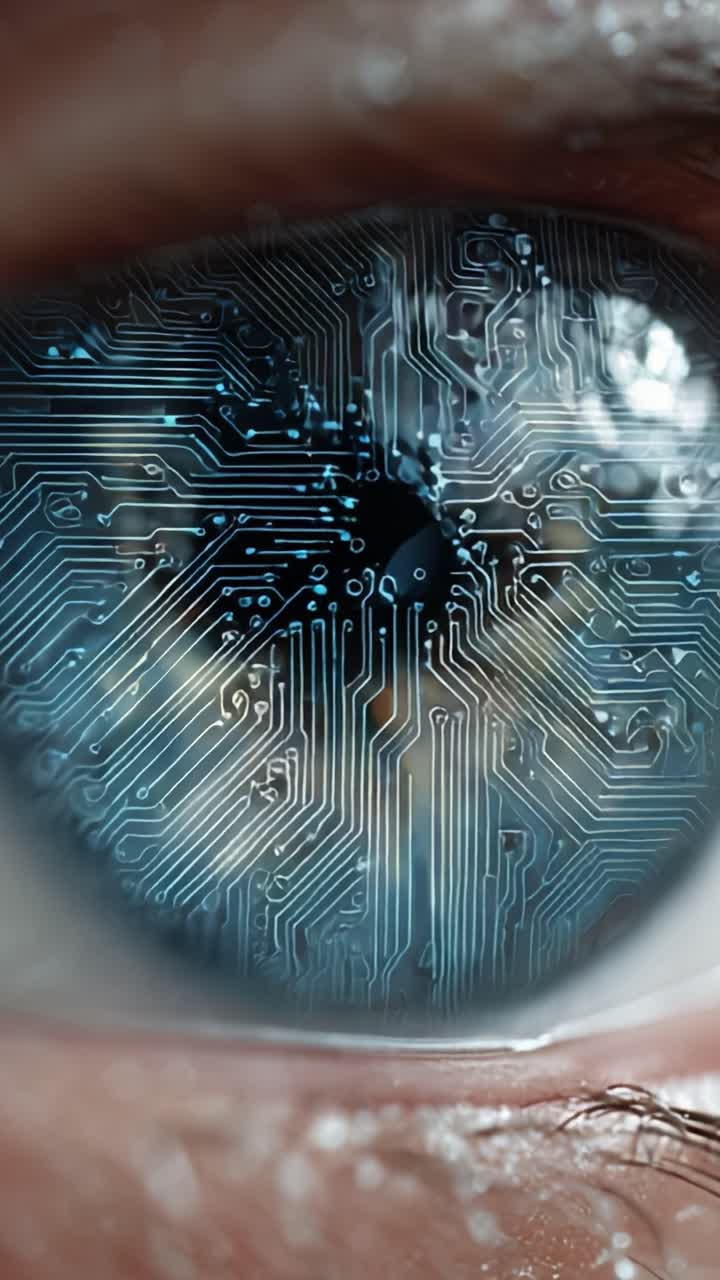 A close-up look at a human eye integrated with advanced circuitry, illustrating the fusion of technology and biology, symbolizing the future of biotechnology and cybernetics