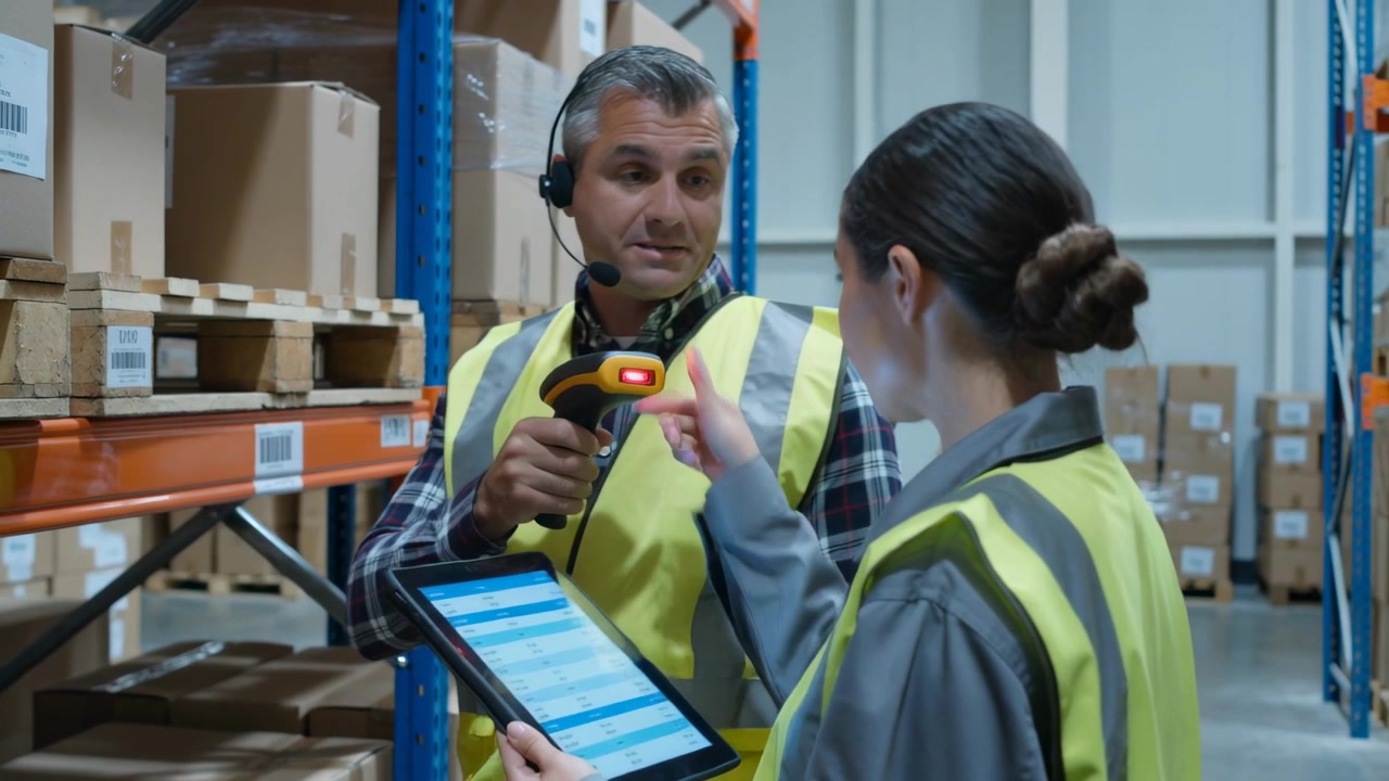Scanning lead using red laser scanner shelf bay, trainee hi-vis vest tapping tablet checking stock