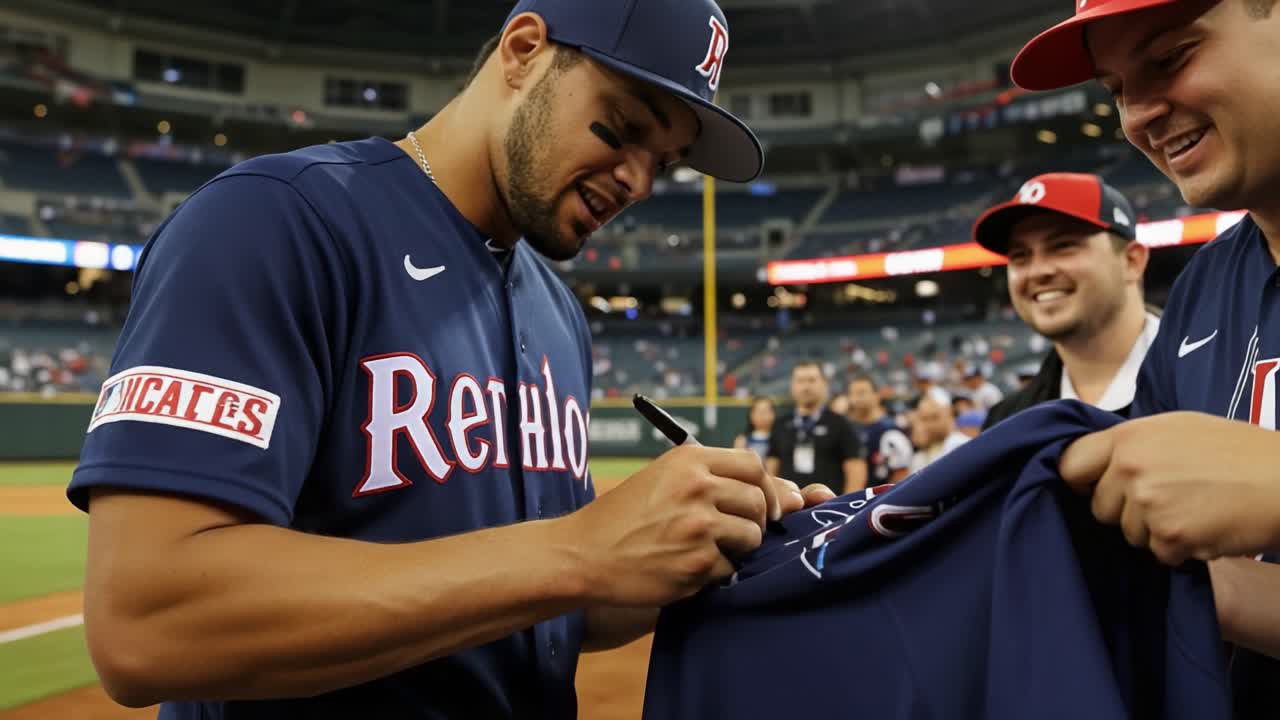 Baseball Player Autographs Merchandise for Fans at a Sports Event, Capturing the Excitement and Connection Between Athletes and Supporters