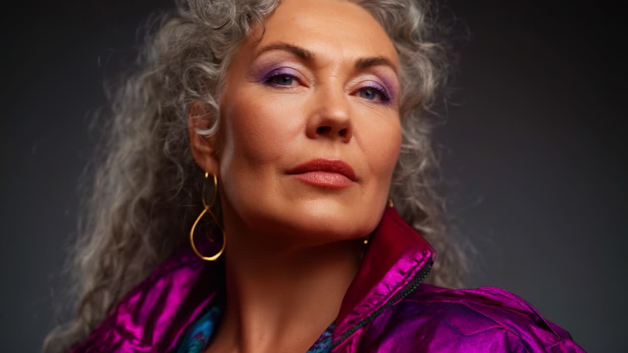 Splendido ritratto di una donna sicura di sé con riccioli argentati e una vivace giacca viola, che mette in mostra eleganza e resilienza attraverso espressioni facciali accattivanti