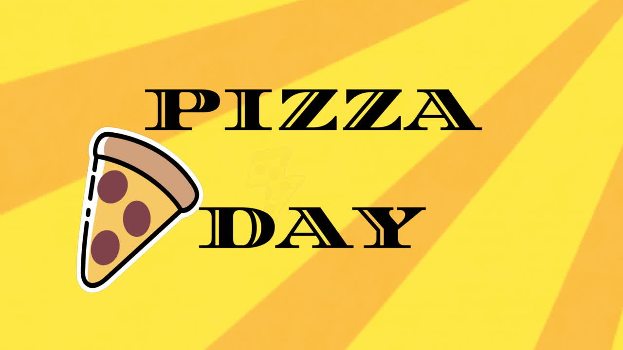 노란색 배경에 피자 아이콘 위에 피자 날의 애니메이션