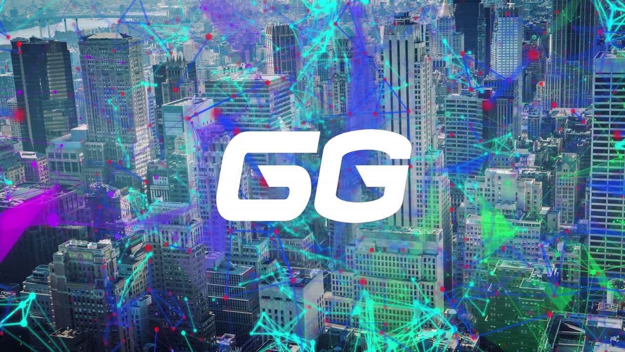 Animation of 6g text, cityscape and connections
