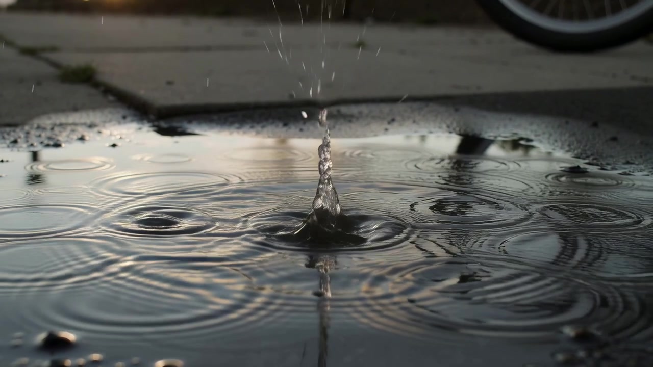 Fallende dråpe fra nylig yr som treffer en sølepytt på fortauet ved solnedgang, med refleksjon av et sykkelhjul