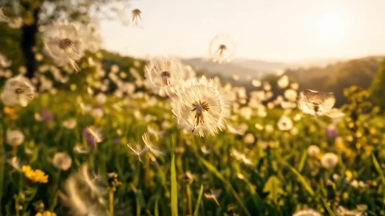 Matahari Terbenam yang Menakjubkan di Atas Padang Rumput Cerah Penuh Biji Dandelion, Menangkap Esensi Keindahan Alam dalam Lanskap yang Tenang