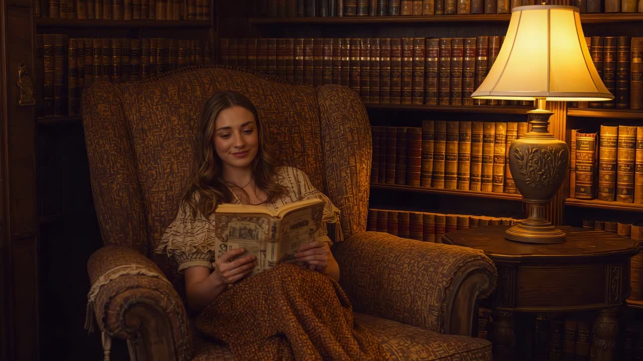 Una donna in camicetta e gonna apre un libro e legge per piacere su una poltrona, accanto a scaffali illuminati da una lampada, sorridendo.