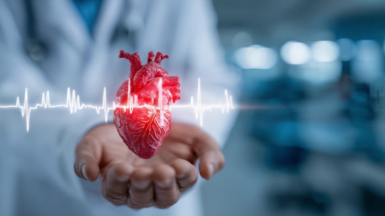 Un profesional médico sostiene un modelo de corazón 3D sobre una línea de EKG, simbolizando la salud cardíaca y el avance en la tecnología sanitaria.