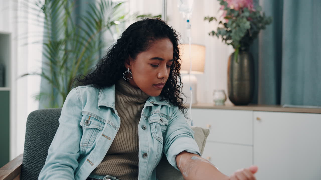 Woman in hospital bed receiving IV treatment