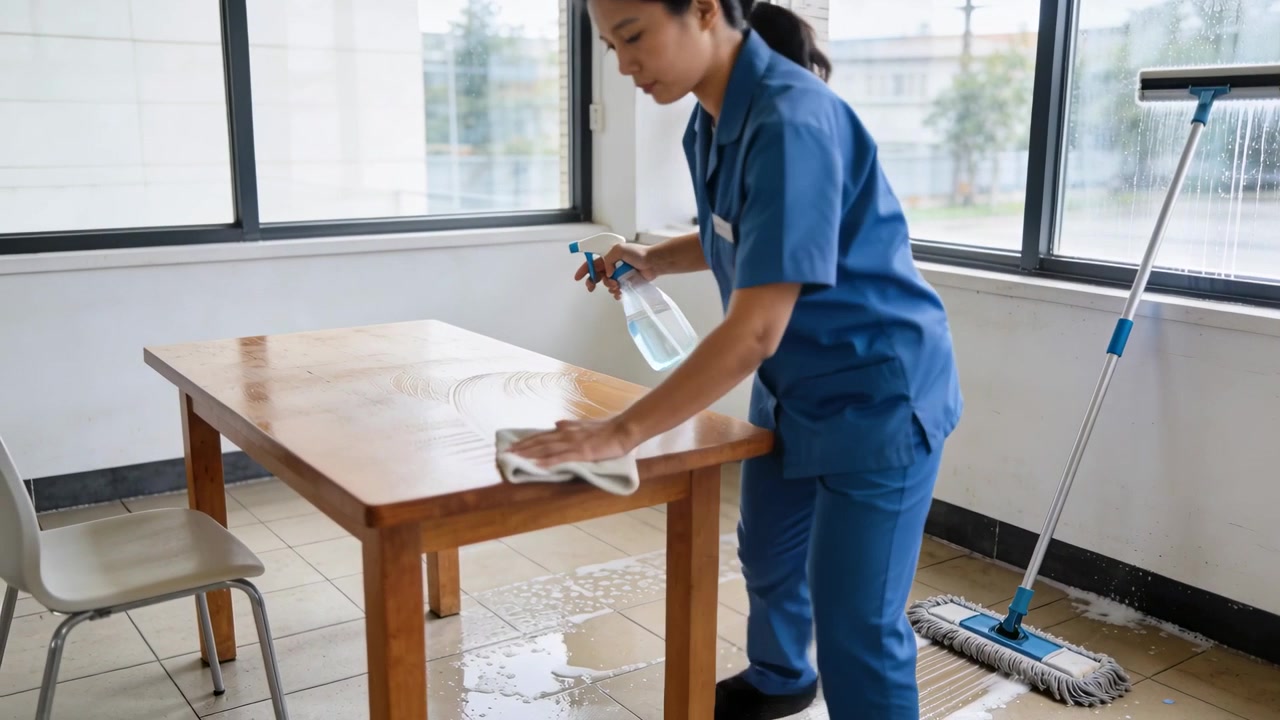 小さな部屋で、青い制服の女性がボトルを押し、布で拭き筋をなくしながら木製のテーブルを拭いている。