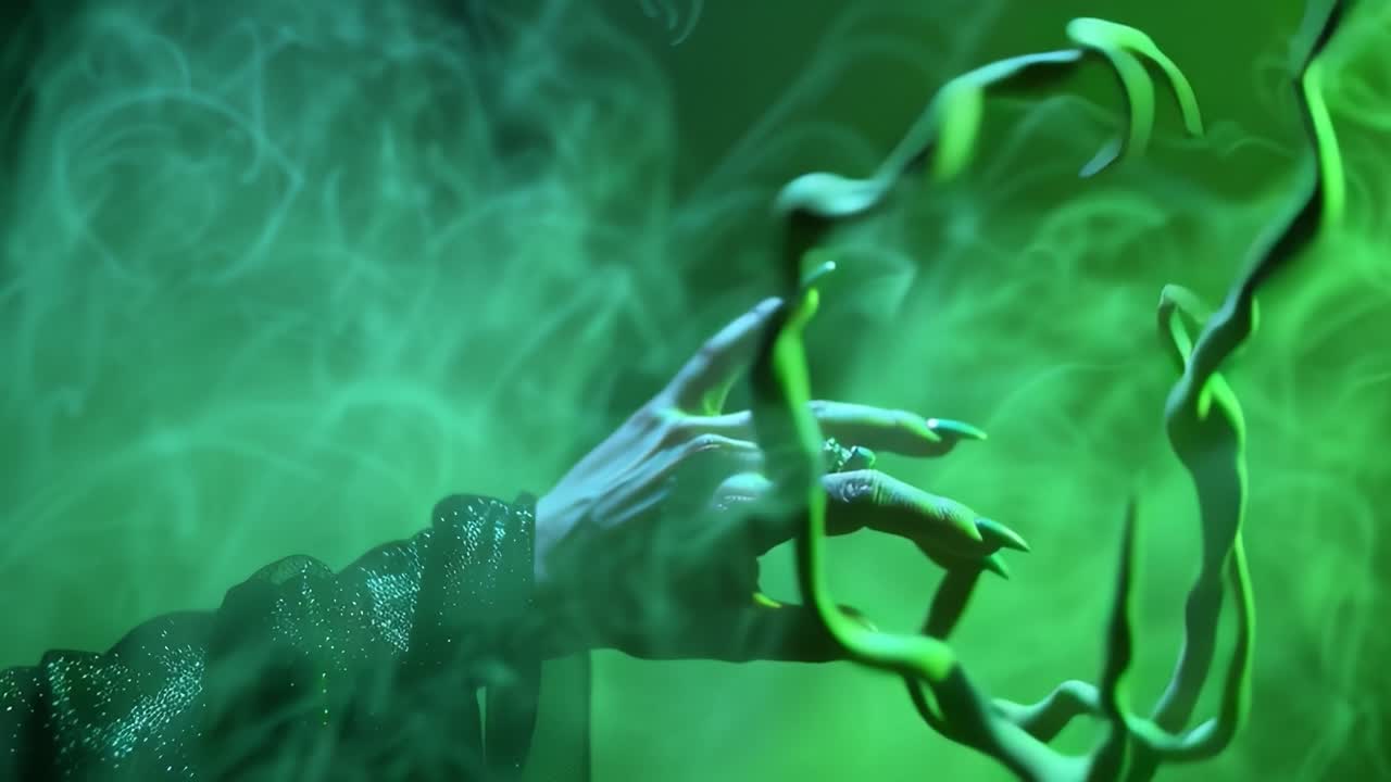 A Mysterious Hand Emerges from Enigmatic Green Smoke, Suggesting a Supernatural Presence or Occult Connection in a Fantastical Atmosphere