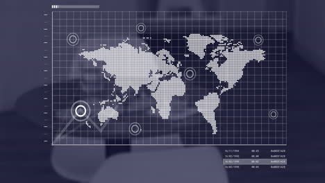 animation of financial data processing and world map over desk in office