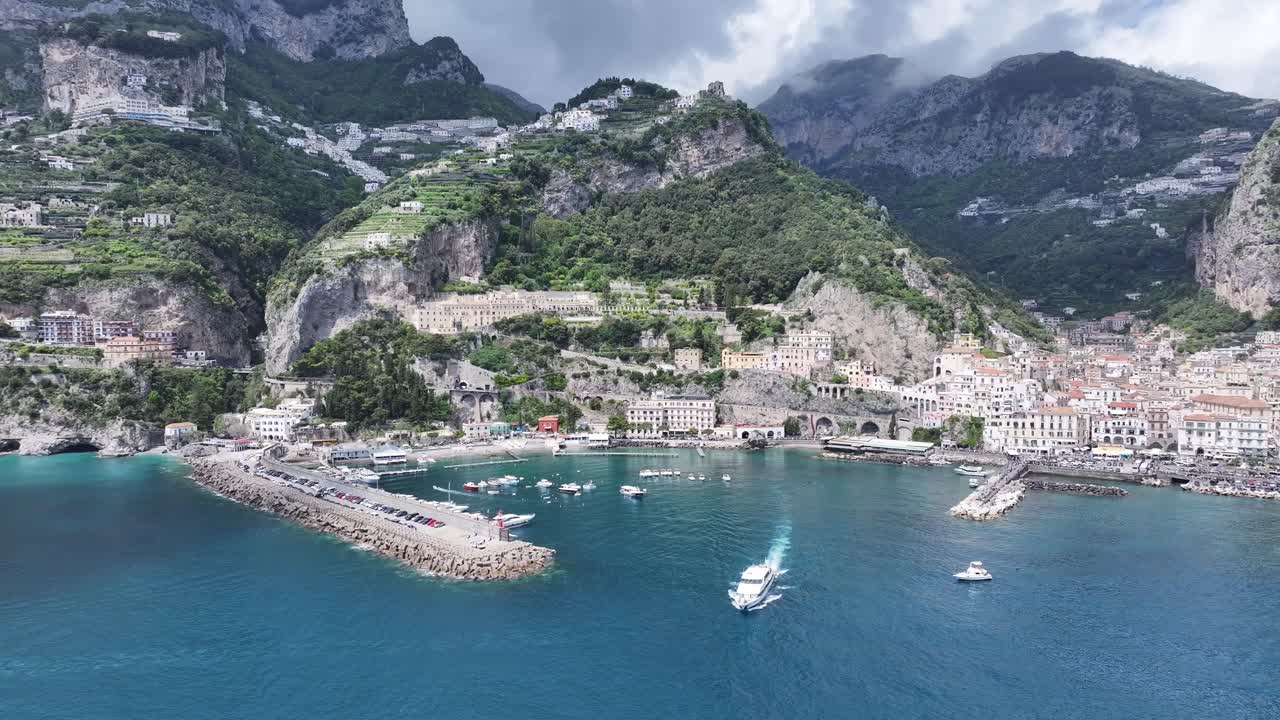 Amalfi Coast At Amalfi In Salerno Italy. Coastal City. Waterfront Landscape. Amalfi Coast At Salerno Italy. Beach Scenery. Medieval Buildings. Amalfi Coast Skyline. Beach Landscape.