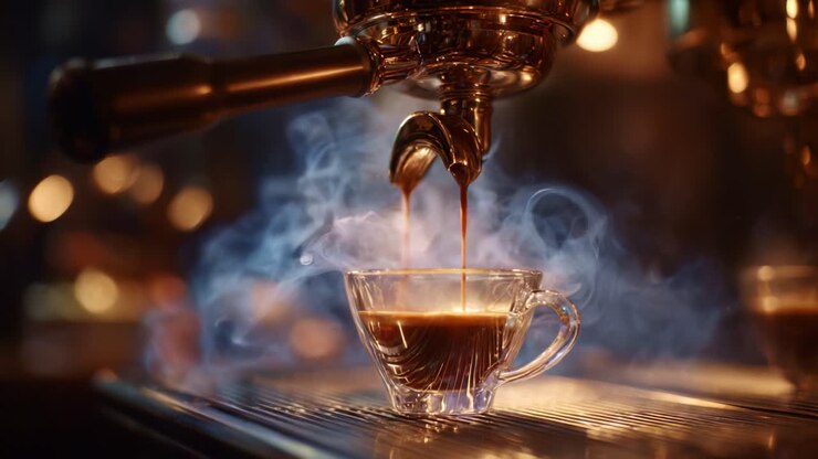 Fesselnde Espresso-Extraktion: Ein sanftes, reichhaltiges Gebräu, das in eine elegante Glastasse gegossen wird, umgeben von einhüllendem Dampf und der warmen Atmosphäre eines Cafés