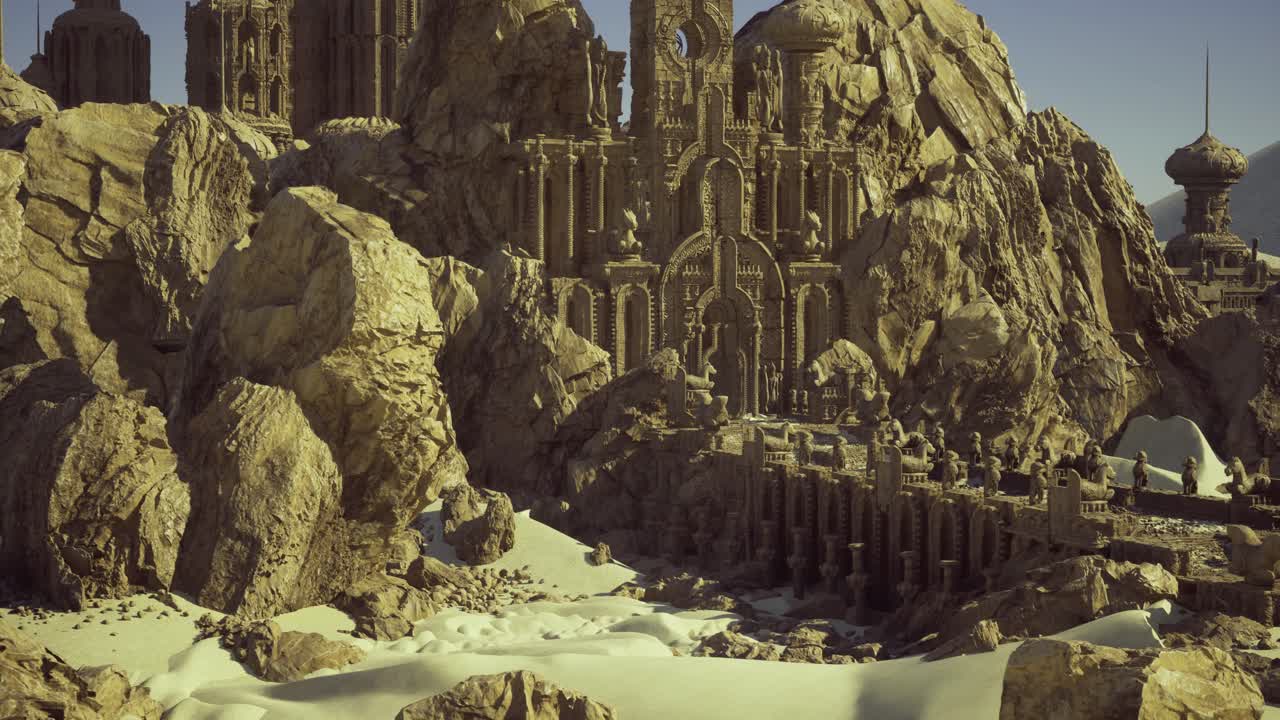 Tempio deserto illuminato dal crepuscolo tra rocce imponenti e ombre.
