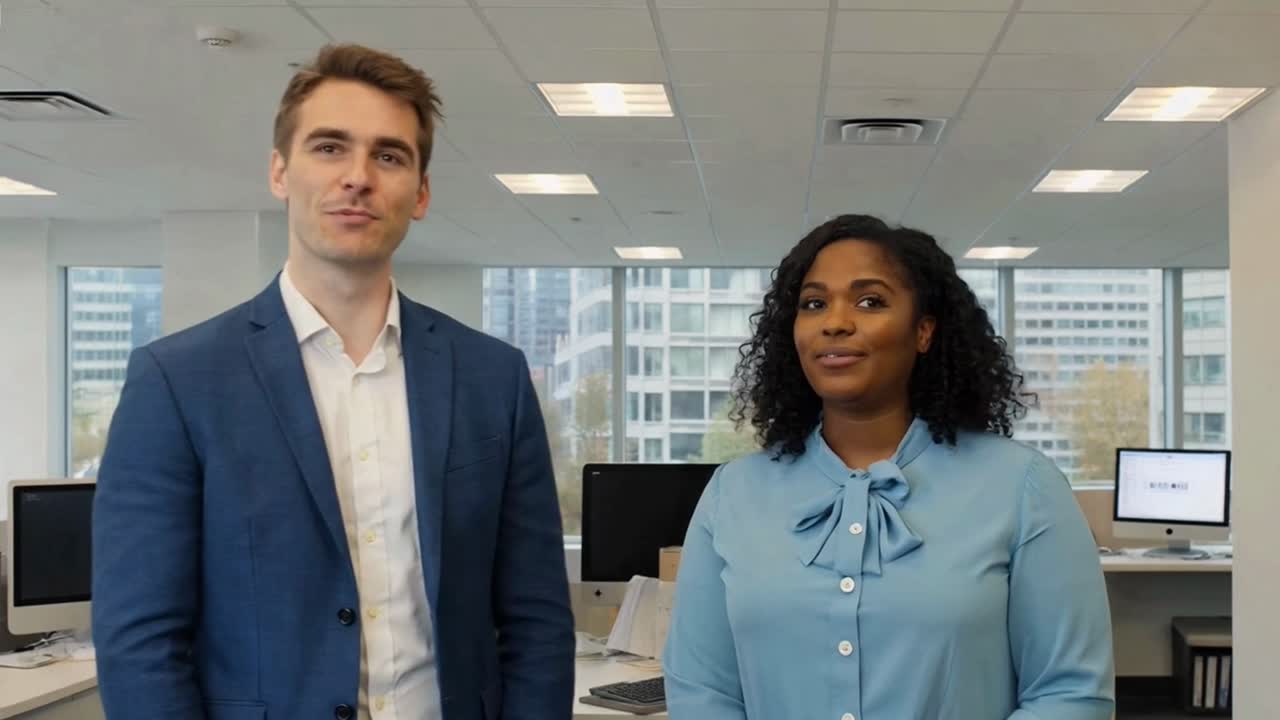 Diverse Business Professionals Smiling in a Modern Corporate Office