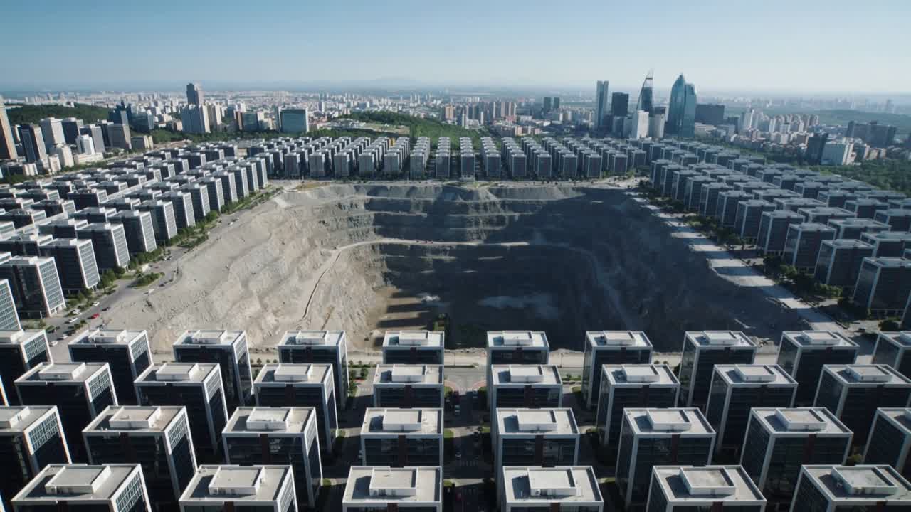 Moving drone revealing terraced rectangular excavation within cube block urban grid, surveying site