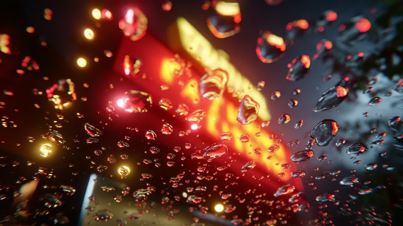 A mesmerizing close-up view capturing the enchanting play of water droplets on a glass surface against a vibrant backdrop of colorful lights and blurred signage, evoking a sense of wonder and tranquility