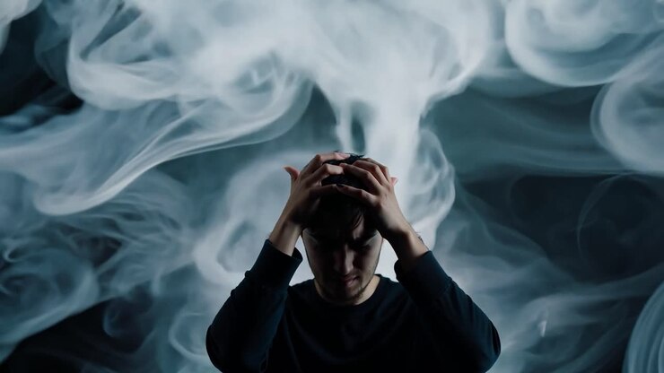 Uomo con la testa tra le mani circondato dal fumo