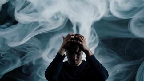 man with head in hands surrounded by smoke