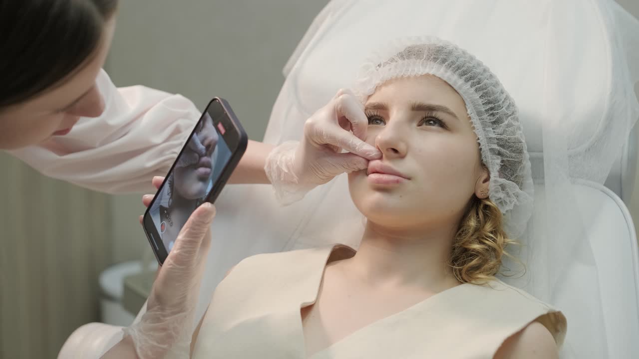 コスメトロジストの手が唇を検査するクローズアップ