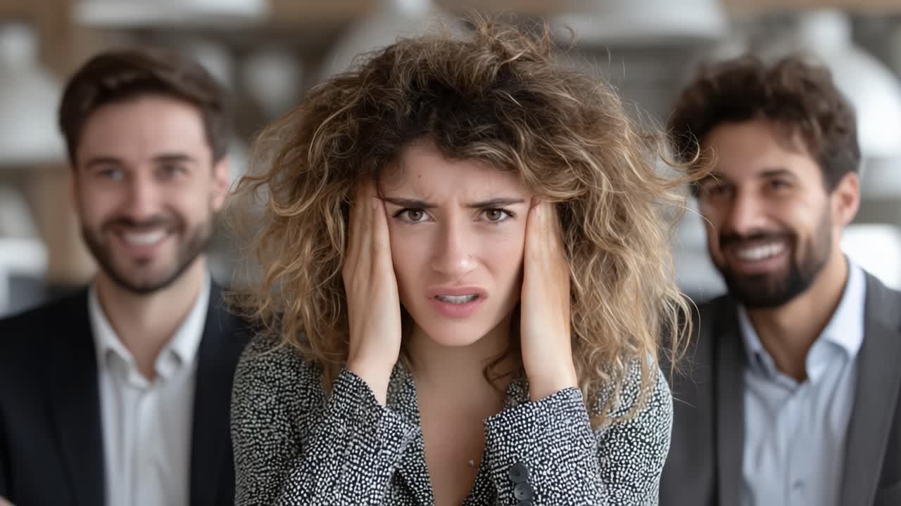 Frustration Amid Laughter: A Focused Woman Struggles with Stress While Two Men Behind Her Share Amused Expressions, Highlighting Workplace Tension
