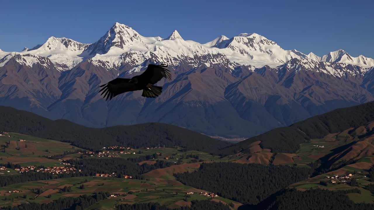 Veduta aerea di montagne innevate con un uccello che sorvola valli lussureggianti, catturando un'atmosfera cinematografica