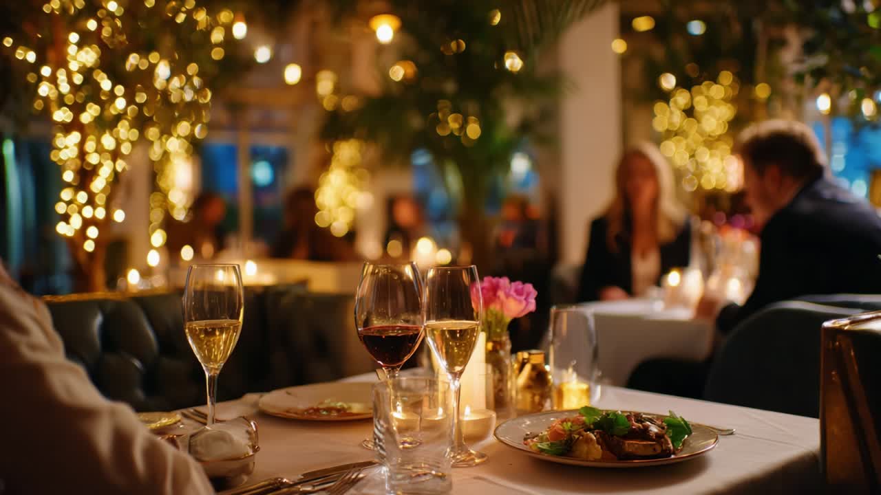 An Elegant Dinner Experience Amidst Soft Golden Lights and Romantic Ambiance, Featuring Exquisite Cuisine and Fine Wine, Perfect for an Unforgettable Evening of Culinary Delight and Connection