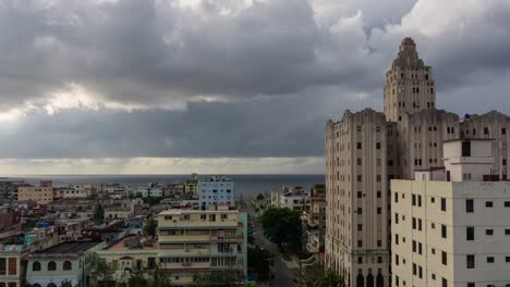 Beautiful-Aerial-Time-Lapse-view-of-the-Havana-City,-Capital-of-Cuba,-during-a-vibrant-cloudy-day