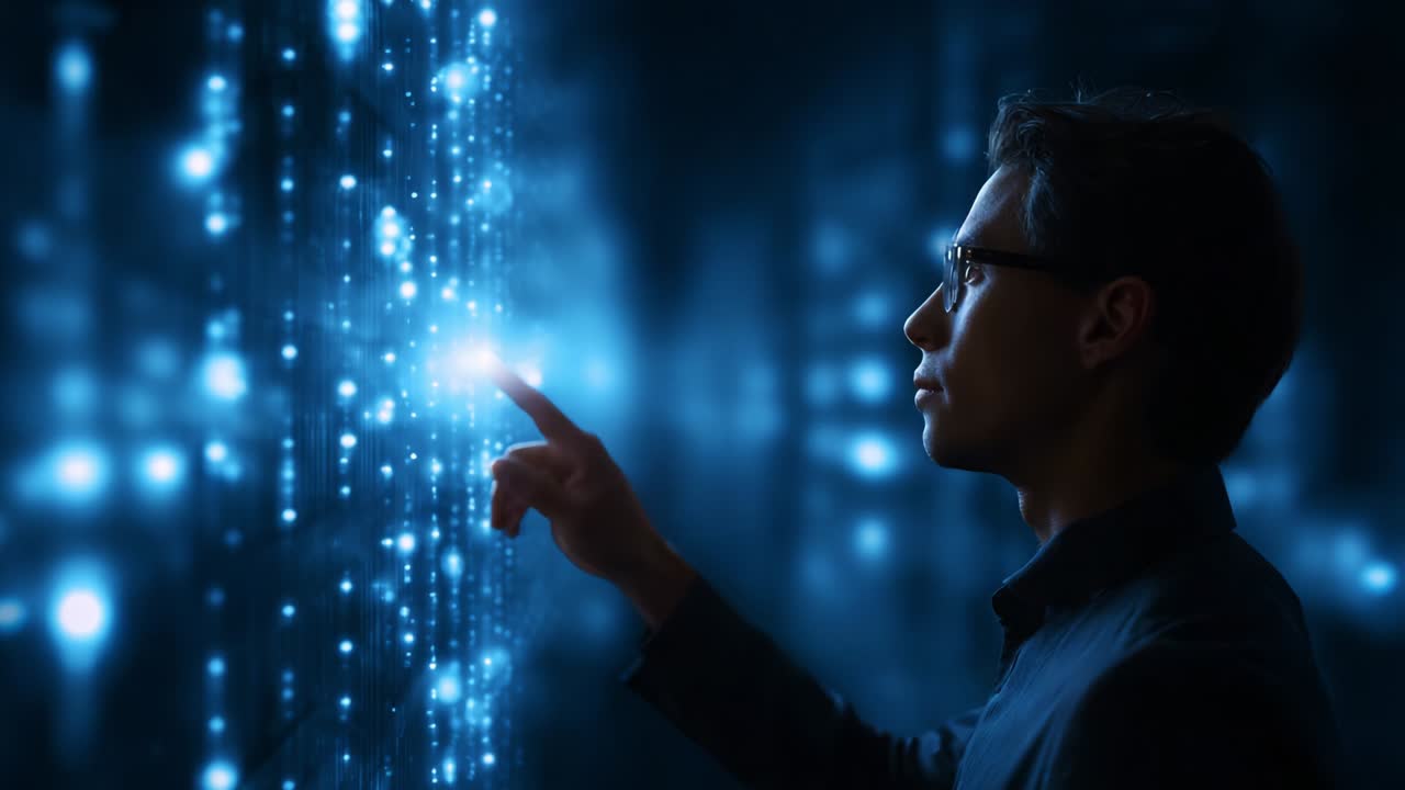 A Thoughtful Individual Engaging with a Vibrant Digital Interface, Demonstrating Technological Interaction and Futuristic Exploration in a Stunning Visual Environment of Light and Data Movement