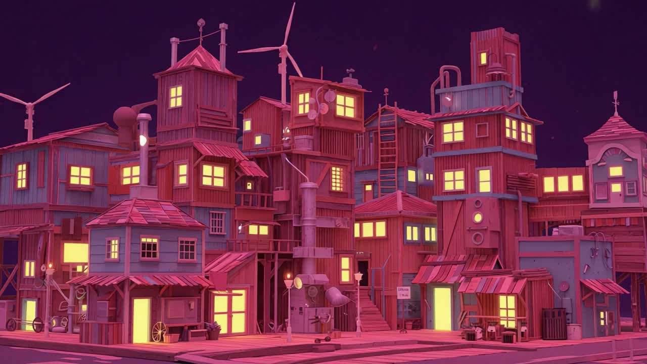 Vibrant Urban Landscape with Colorful Buildings and Renewable Energy Sources at Night, Showcasing a Creative Cityscape Filled with Lights and Unique Architecture