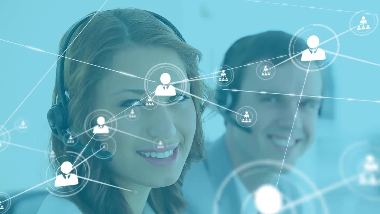 animación de la red de conexiones con iconos sobre diversas personas de negocios que usan auriculares telefónicos