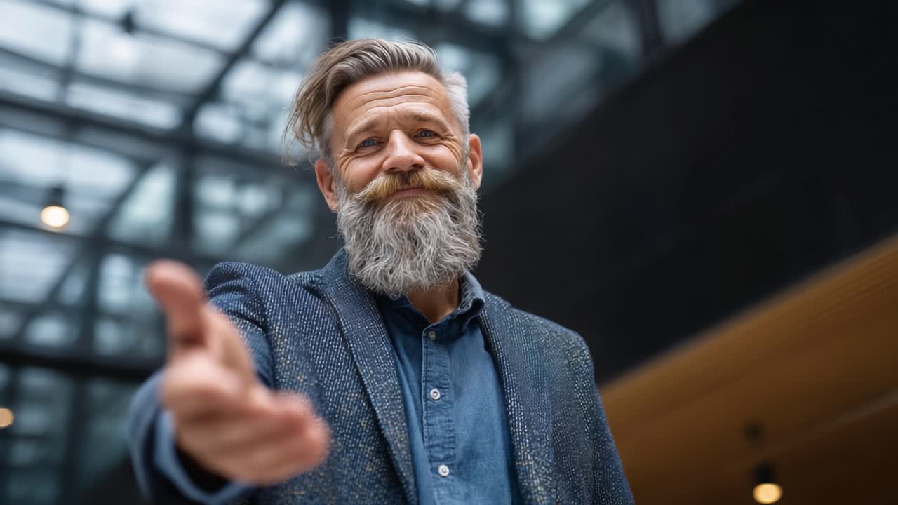 A Confident Man Extending His Hand in a Modern Space, Captured from Two Angles Showcasing His Distinctive Beard and Warm Expression in Contemporary Architecture