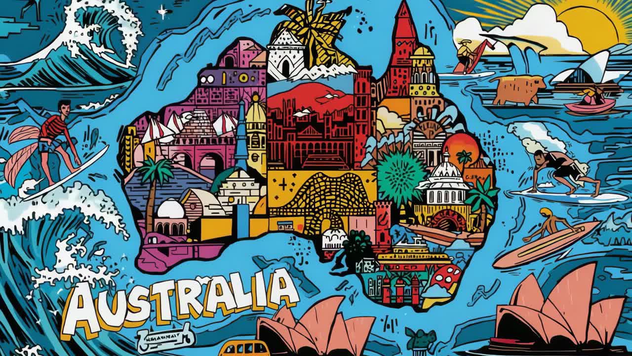 Colorful Illustrated Map of Australia with Landmarks and Surfing