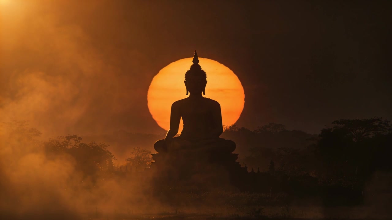 Il sole che si schiarisce, proiettando un'aureola dietro la silhouette di un Buddha seduto su un piedistallo all'alba, con la nebbia che si dirada