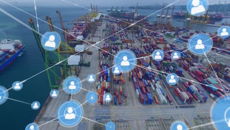 animation of network of connections with icons over shipping yard