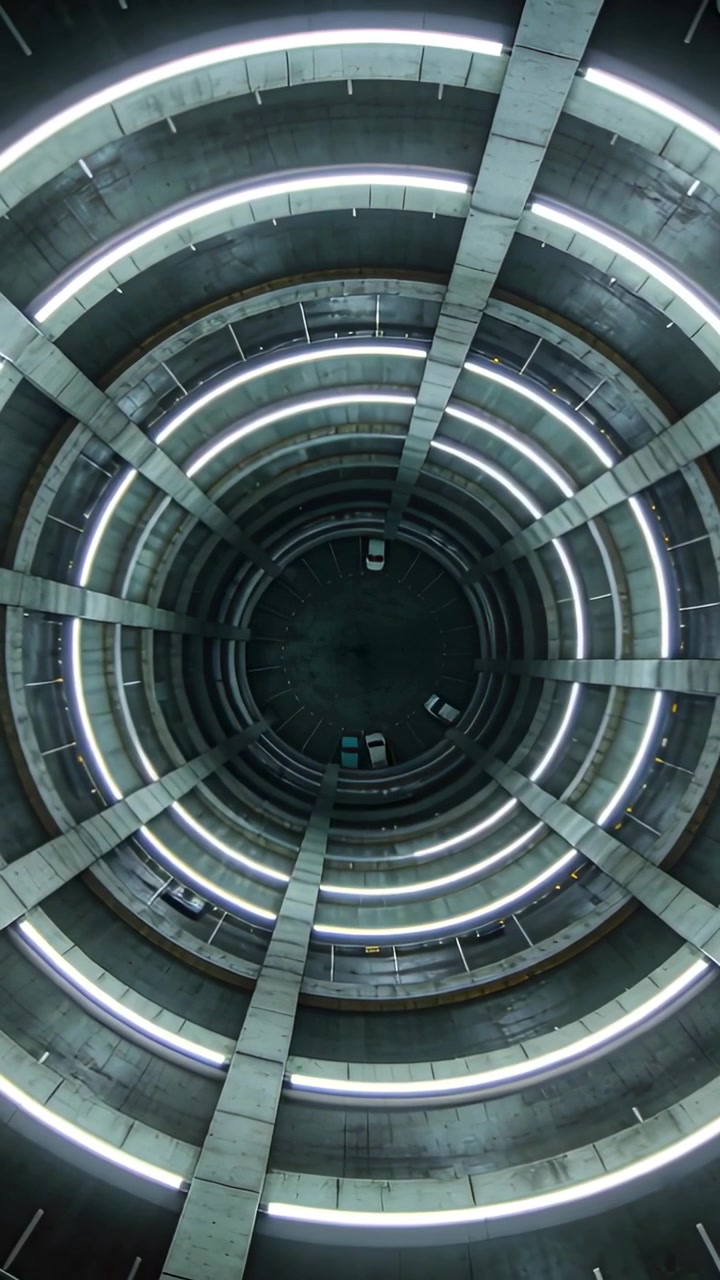 Video verticale: Telecamera che scende nel pozzo centrale di un parcheggio, mostrando anelli di cemento illuminati e auto parcheggiate