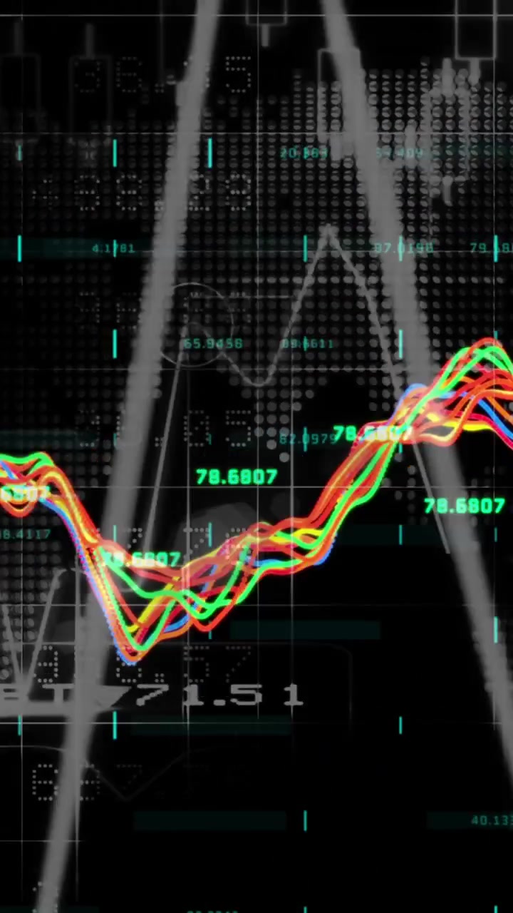 Animation of multicolored graphs, blockchains and numbers against abstract background