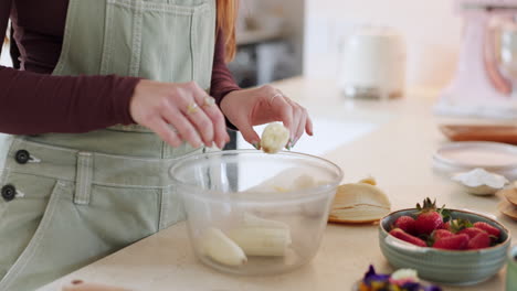 Kitchen-hands,-banana-and-person-cooking-nutrition