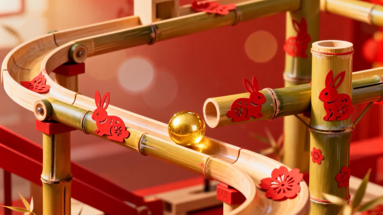 Quả bóng vàng lăn từ phía trên bên trái, di chuyển theo đường cong chữ S bằng tre, được đẩy bởi trọng lực vượt qua những chú thỏ đỏ