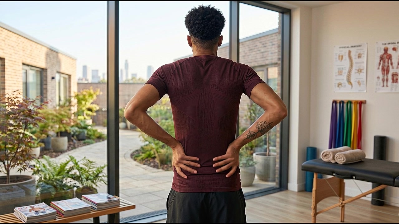 Person holding lower back with pain highlighted while standing indoors near window