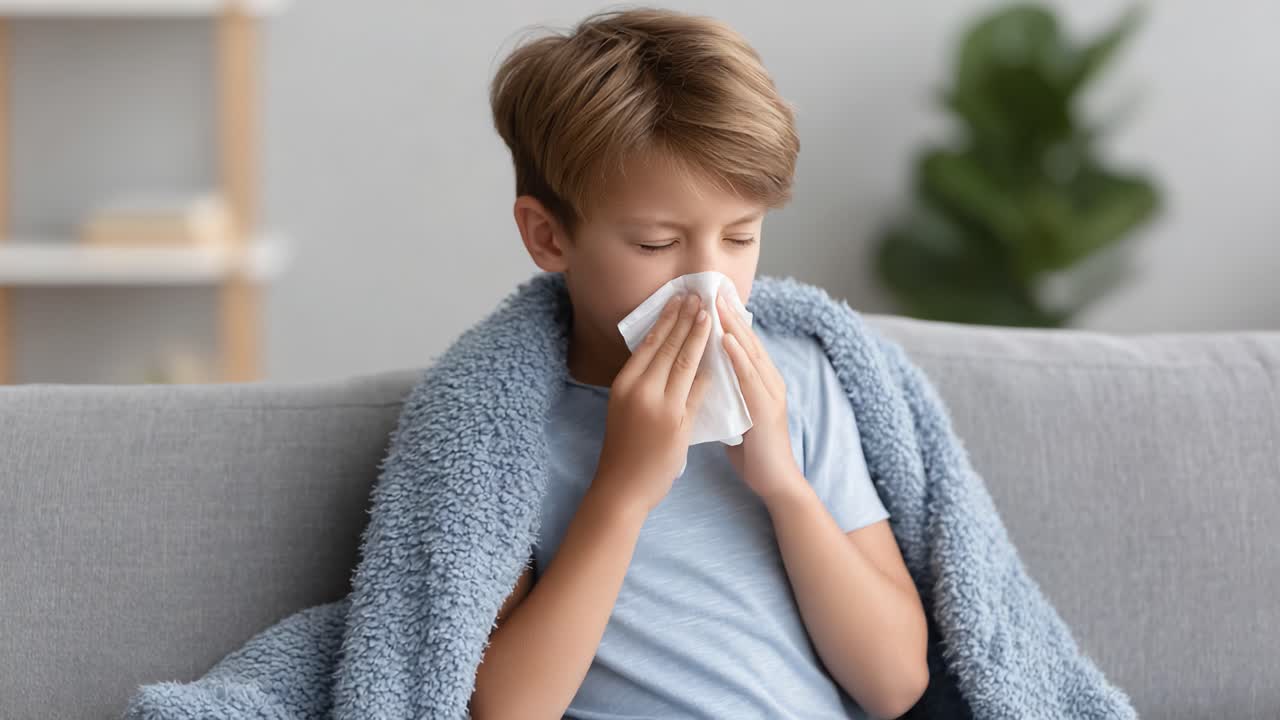 Young Child Feeling Unwell, Wearing a Cozy Blanket, Makes Use of Tissue for Cold Symptoms While Sitting Comfortably on the Sofa