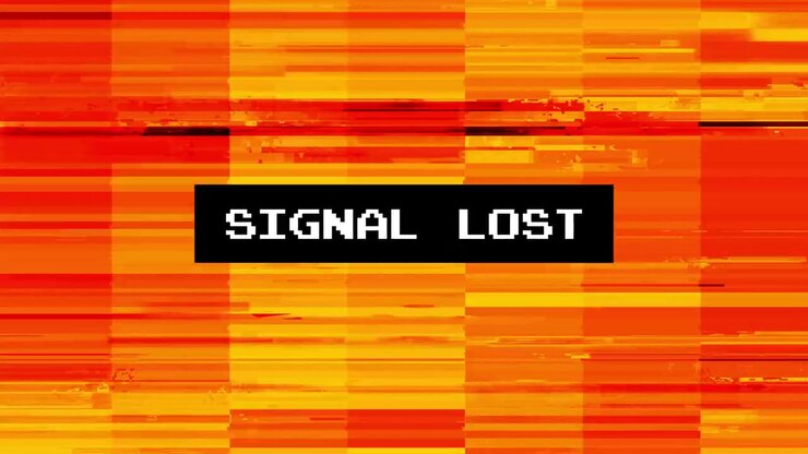 Digitaler Glitch-Effekt mit Text 'Signal verloren' auf orangefarbenem Hintergrund